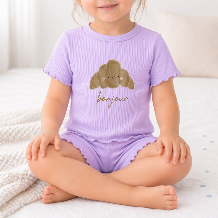 Bonjour Croissant Girls Frilly Ribbed Shorts Set