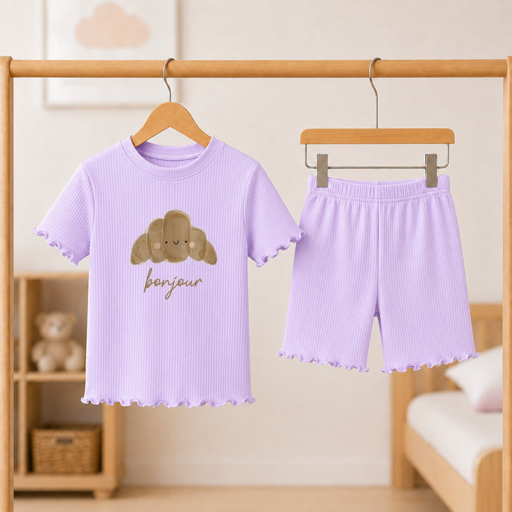 Bonjour Croissant Girls Frilly Ribbed Shorts Set