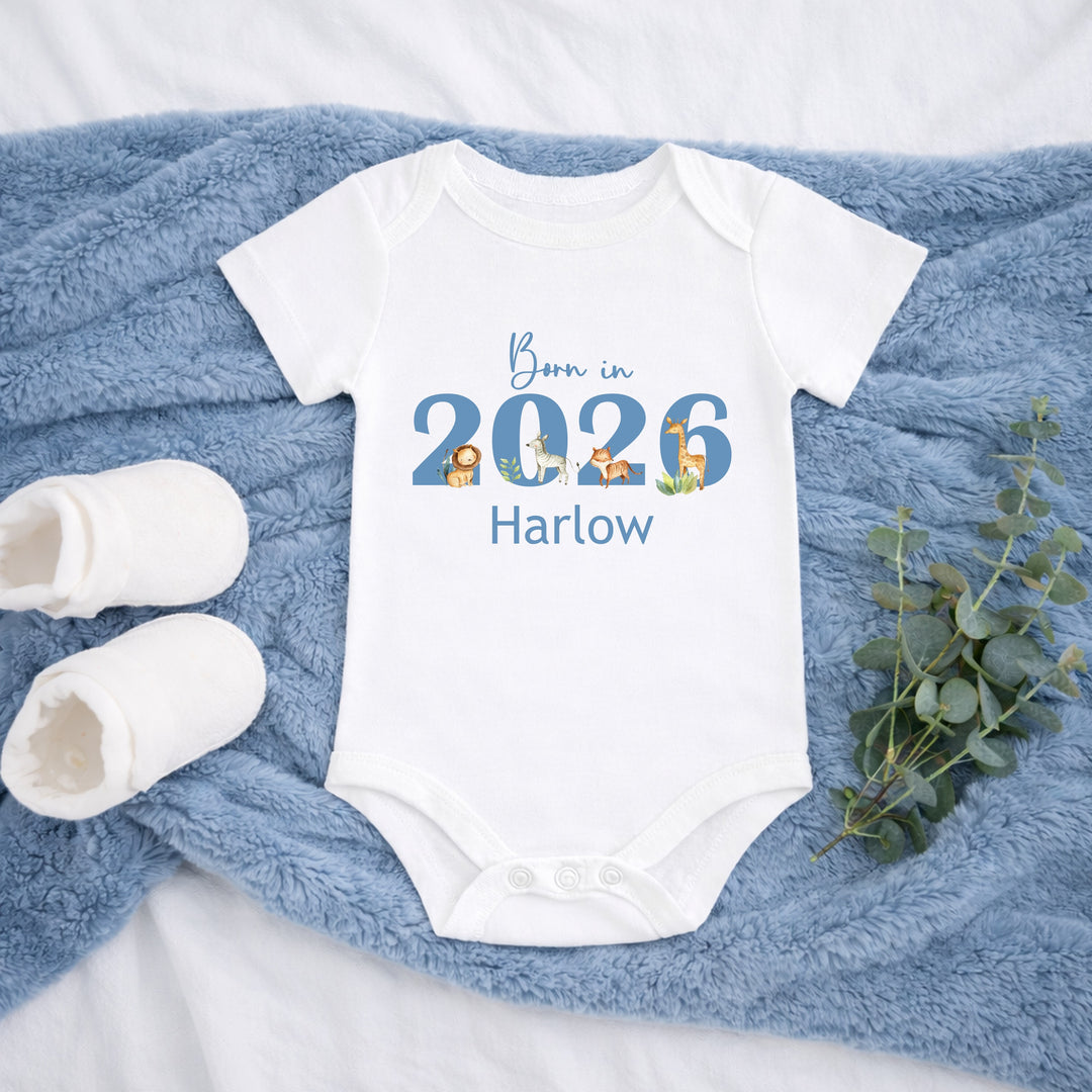 Personalised Blue Jungle Born In 2026 Baby Grow, Vest or Bib