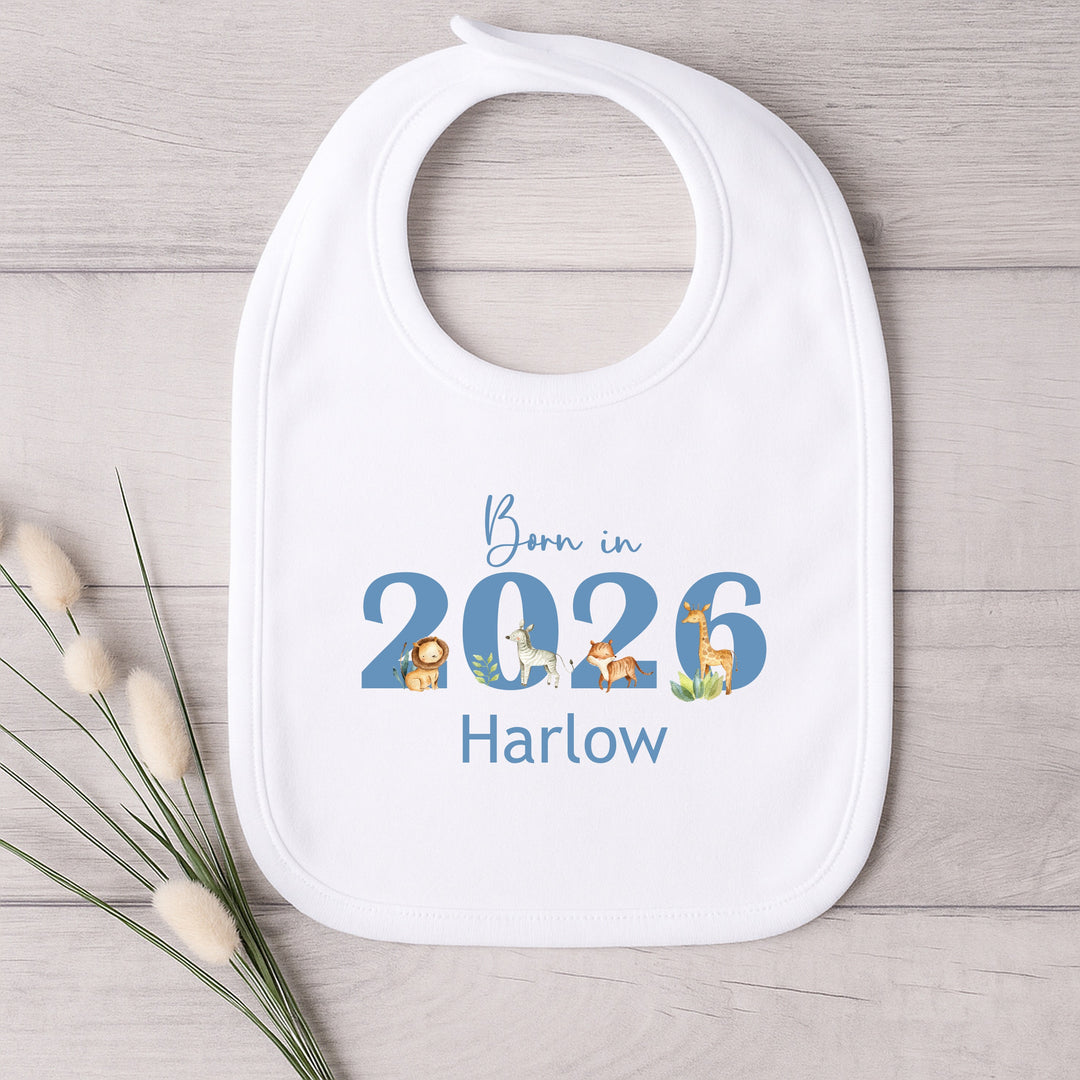 Personalised Blue Jungle Born In 2026 Baby Grow, Vest or Bib