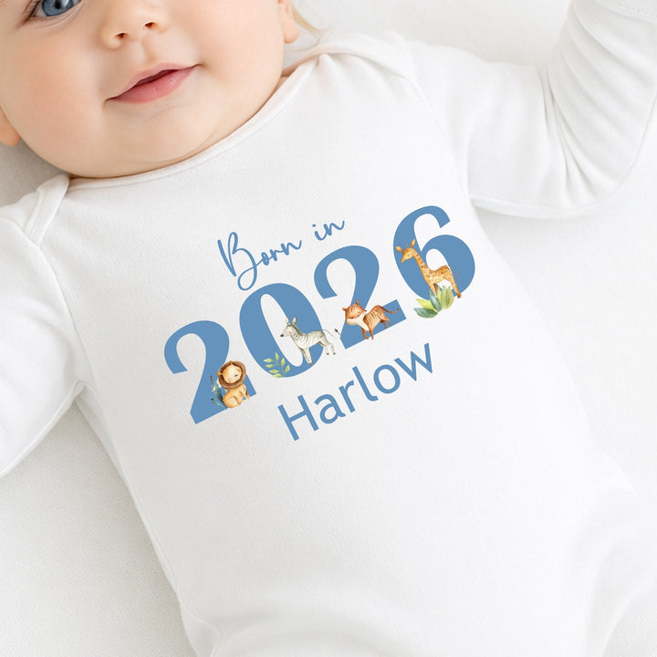 Personalised Blue Jungle Born In 2026 Baby Grow, Vest or Bib