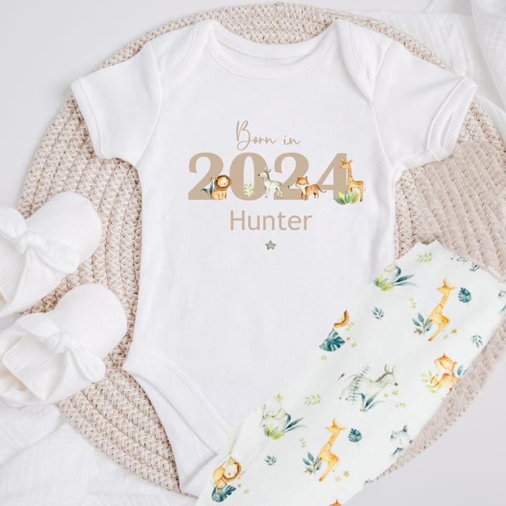 Personalised Beige Jungle Born in 2024 Babygrow/Vest