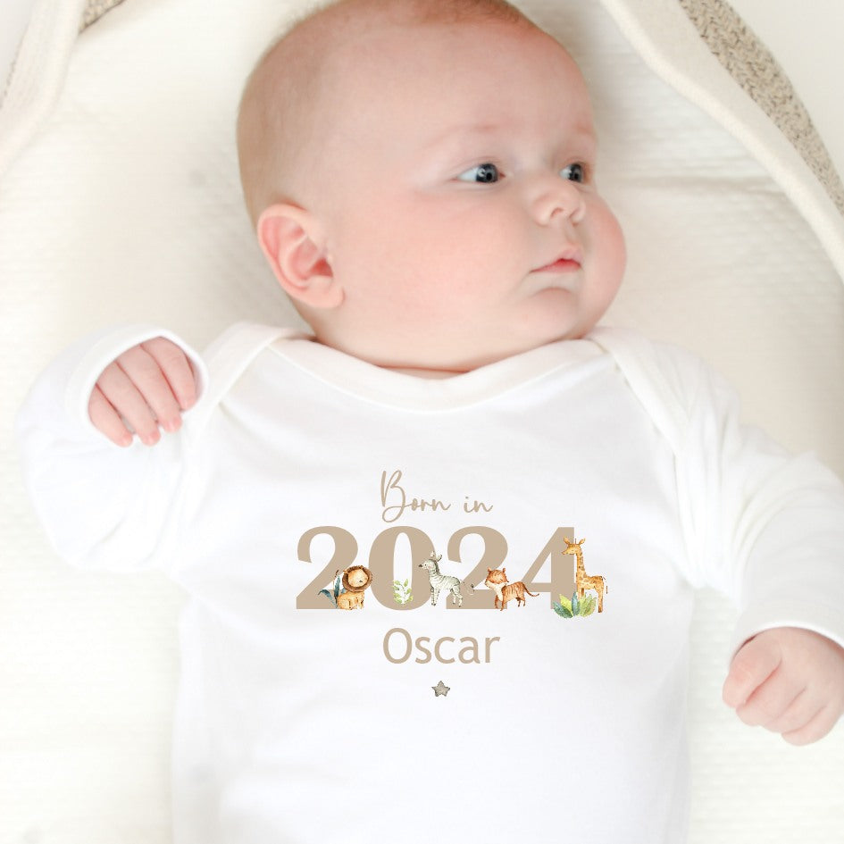 Personalised Beige Jungle Born in 2024 Babygrow/Vest