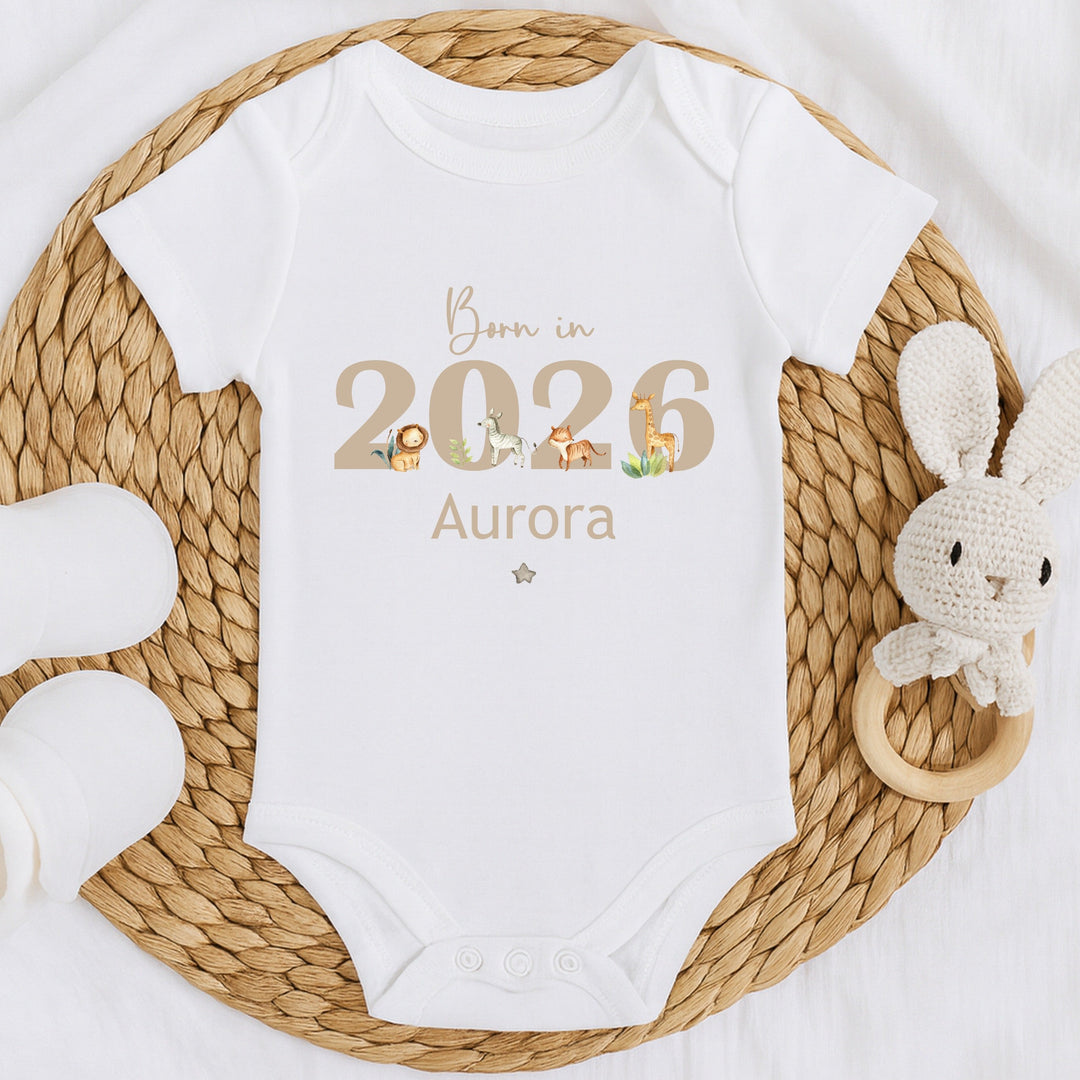Personalised Beige Jungle Born in 2026 Baby Grow, Vest or Bib