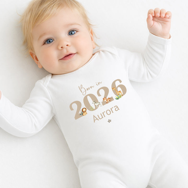 Personalised Beige Jungle Born in 2026 Baby Grow, Vest or Bib