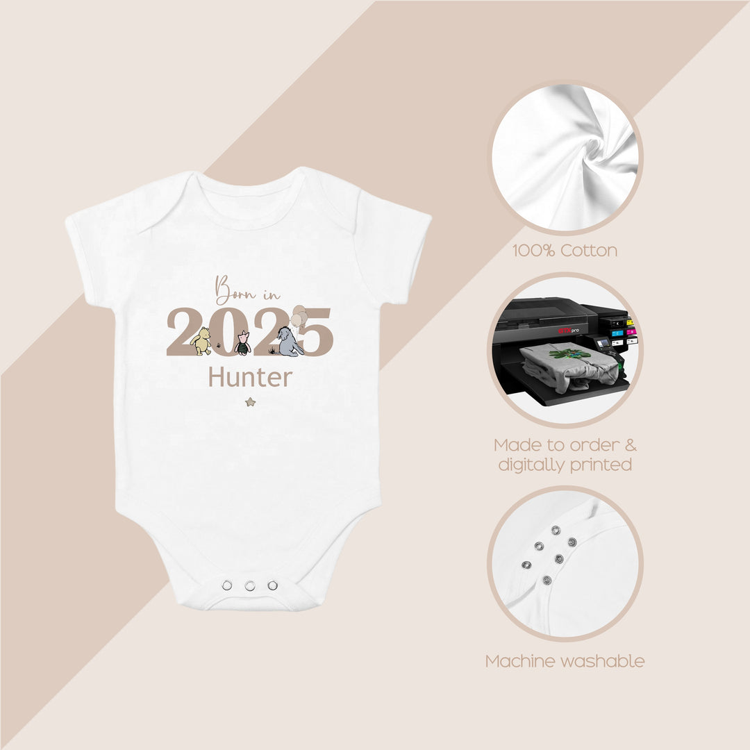 Personalised Pooh Bear Born in 2025 Babygrow/Vest