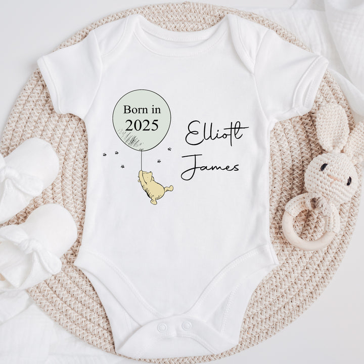 Personalised Green Balloon Pooh Bear Born in 2025 Babygrow/Vest