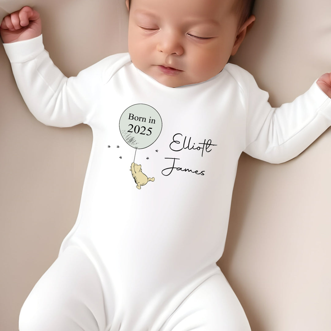 Personalised Green Balloon Pooh Bear Born in 2025 Babygrow/Vest