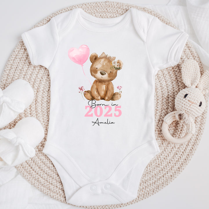 Personalised Pink Bear Born in 2025 Babygrow/Vest