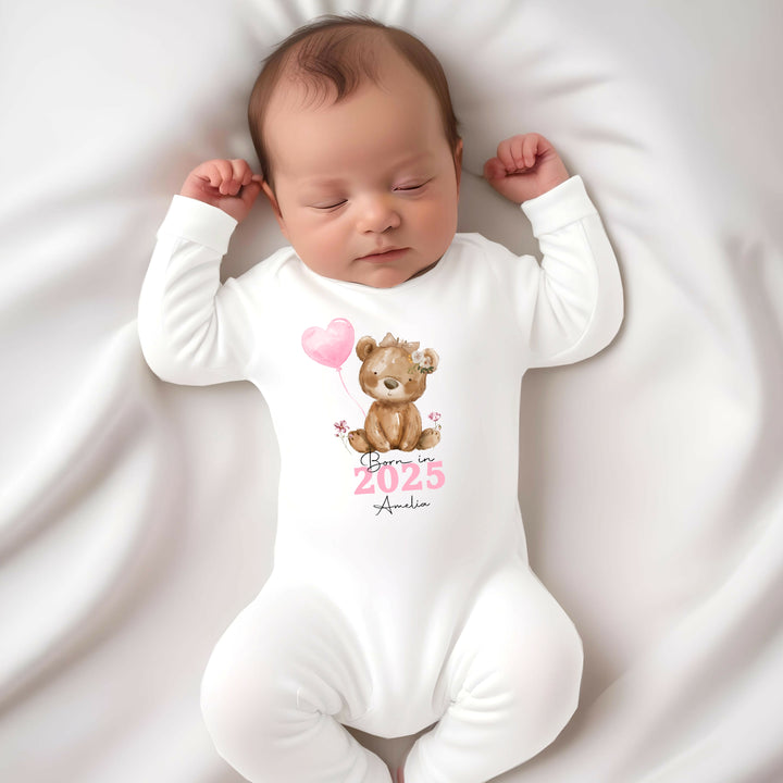 Personalised Pink Bear Born in 2025 Babygrow/Vest