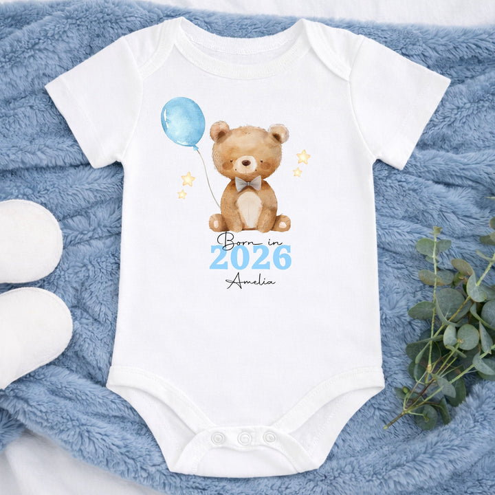 Personalised Blue Bear Born in 2026 Baby Grow, Vest or Bib