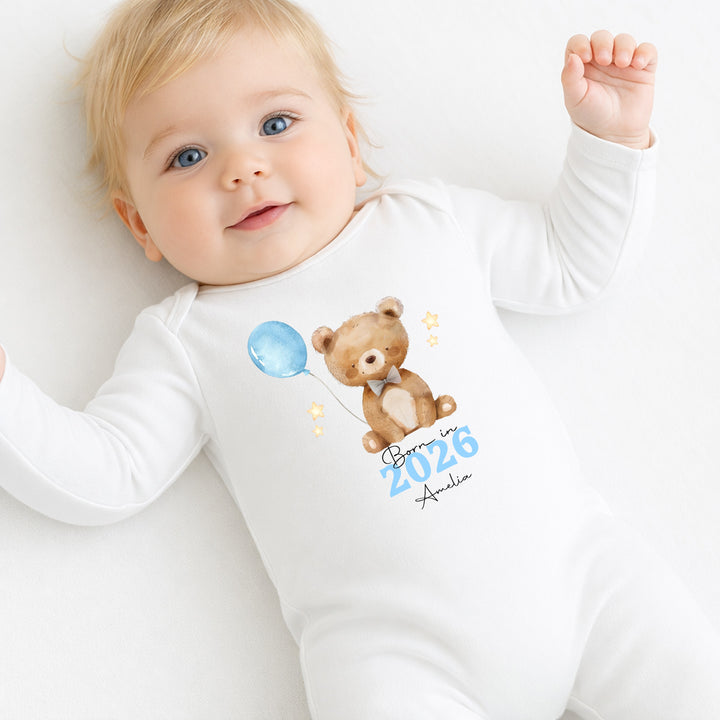 Personalised Blue Bear Born in 2026 Baby Grow, Vest or Bib