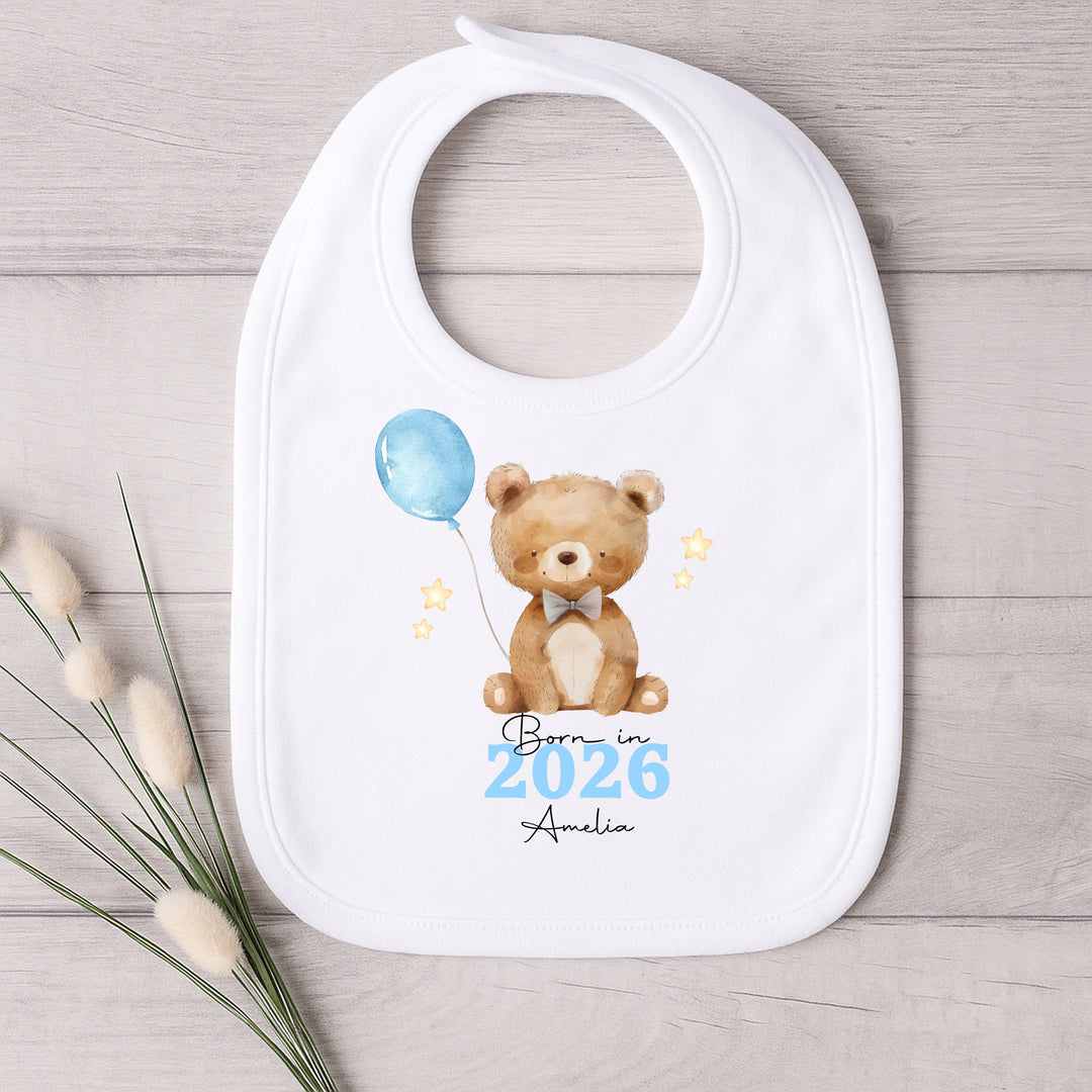 Personalised Blue Bear Born in 2026 Baby Grow, Vest or Bib