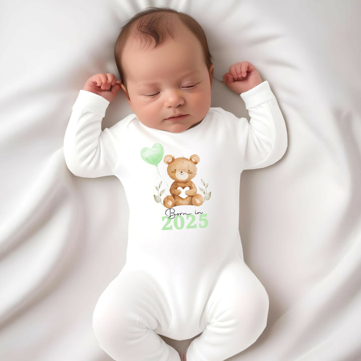 Personalised Born in 2025 Green Teddy Babygrow/Vest