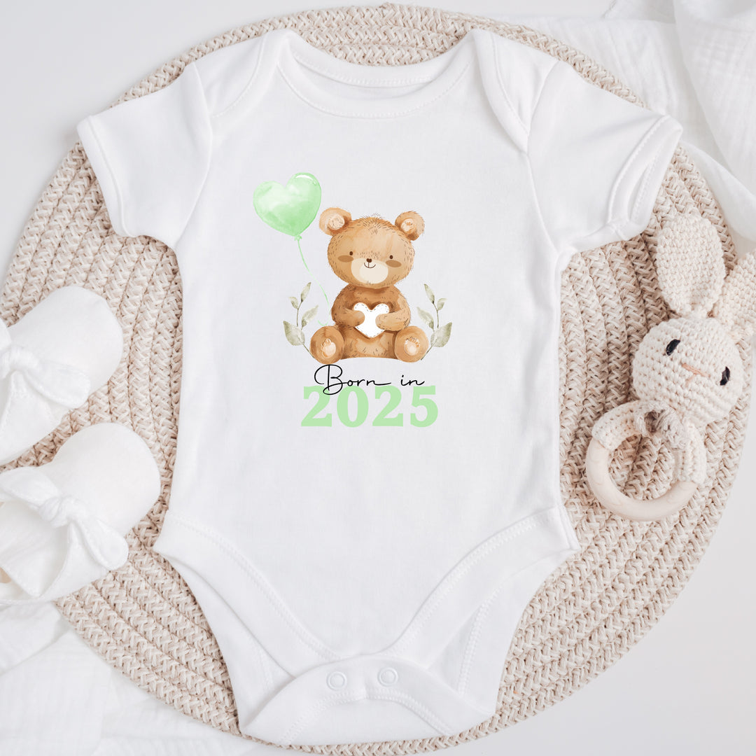 Personalised Born in 2025 Green Teddy Babygrow/Vest