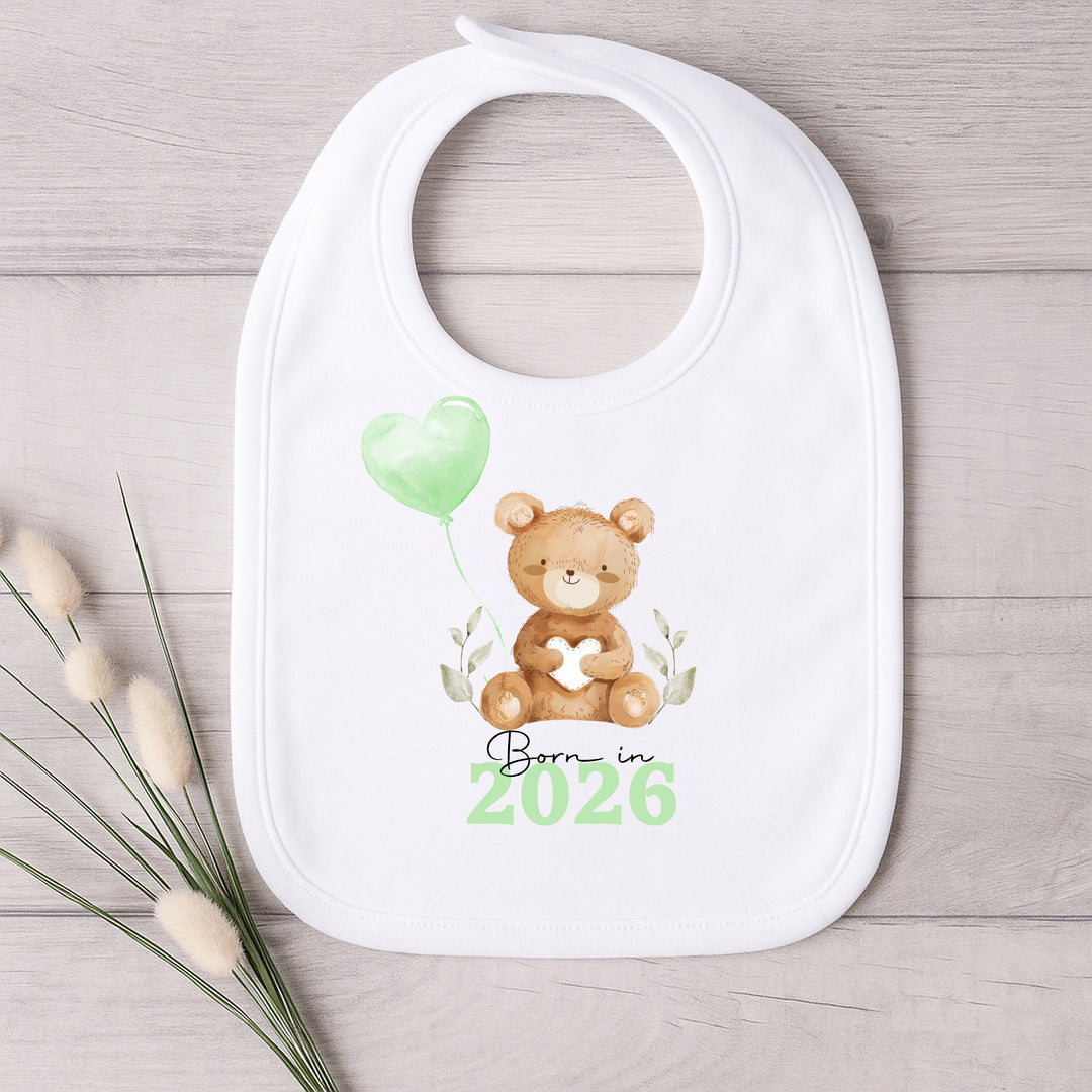 Personalised Born in 2026 Green Teddy Baby Grow, Vest or Bib