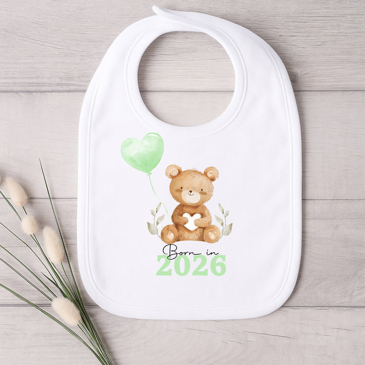 Personalised Born in 2026 Green Teddy Baby Grow, Vest or Bib