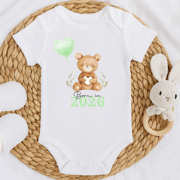 Personalised Born in 2026 Green Teddy Baby Grow, Vest or Bib