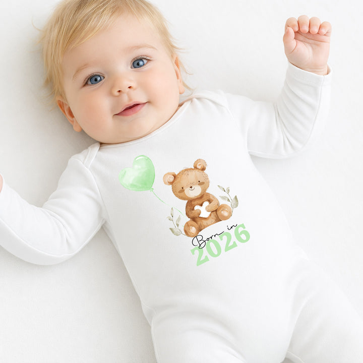 Personalised Born in 2026 Green Teddy Baby Grow, Vest or Bib
