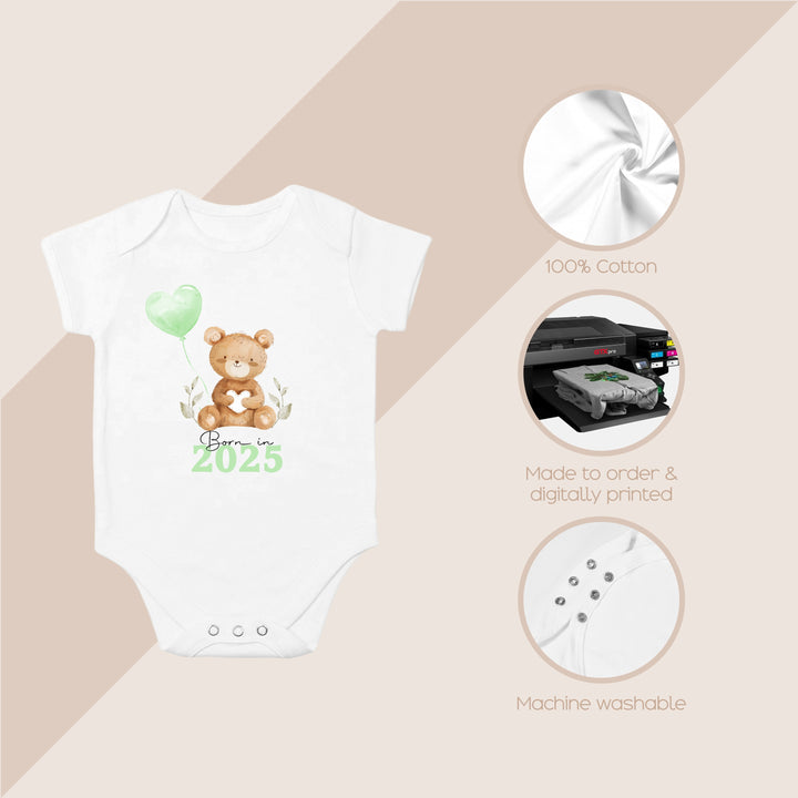 Personalised Born in 2025 Green Teddy Babygrow/Vest