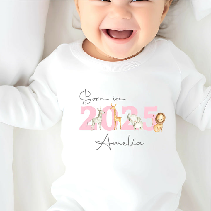 Personalised Pink Jungle Born in 2025 Babygrow/Vest