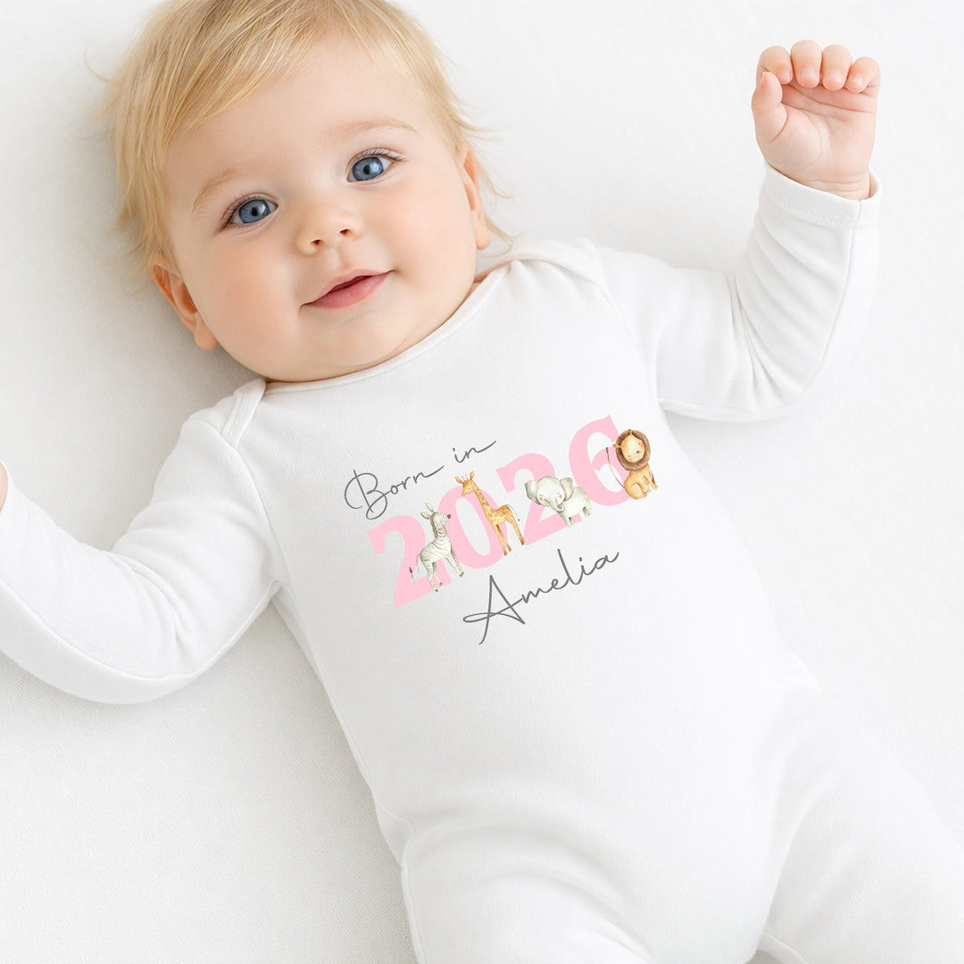 Personalised Pink Jungle Born in 2026 Baby Grow, Vest or Bib