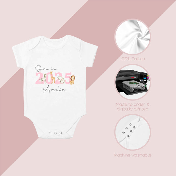 Personalised Pink Jungle Born in 2025 Babygrow/Vest