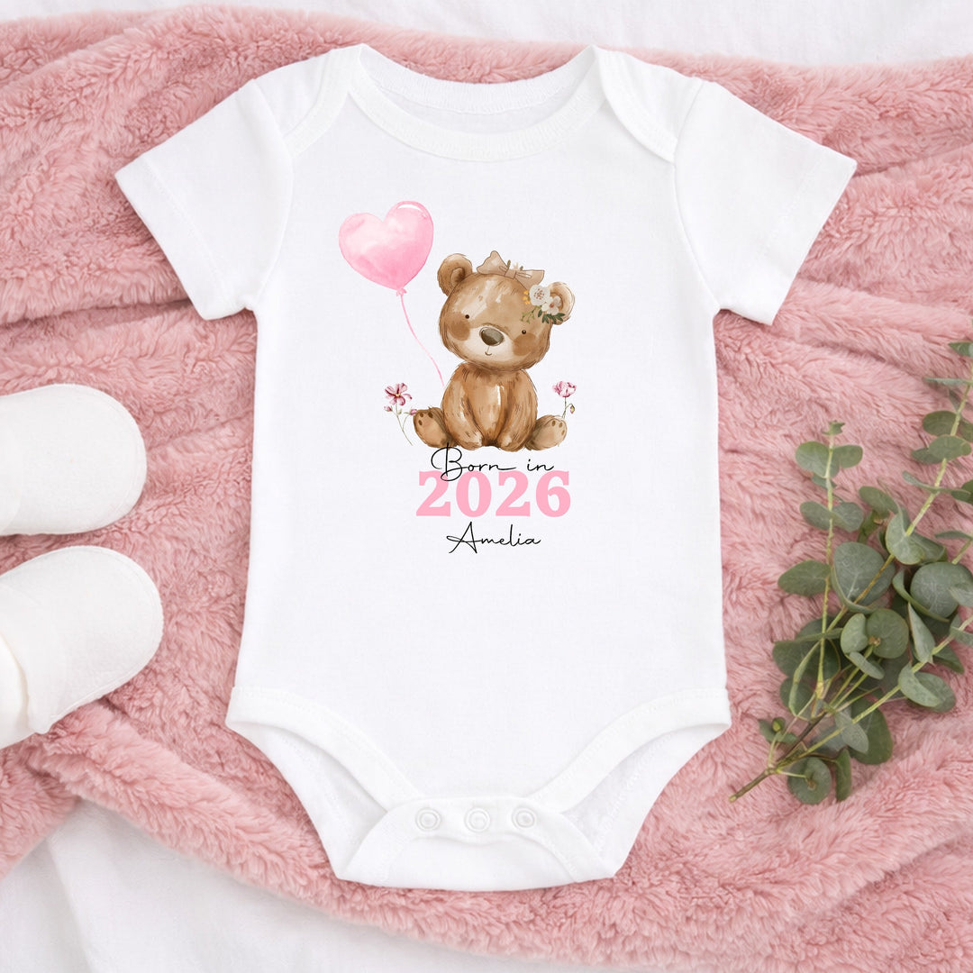 Personalised Pink Bear Born in 2026 Baby Grow, Vest or Bib
