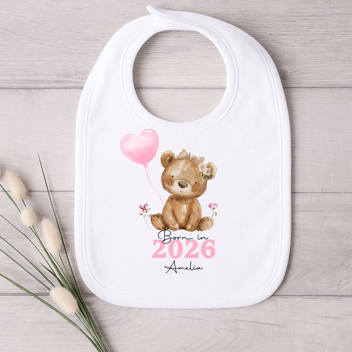 Personalised Pink Bear Born in 2026 Baby Grow, Vest or Bib