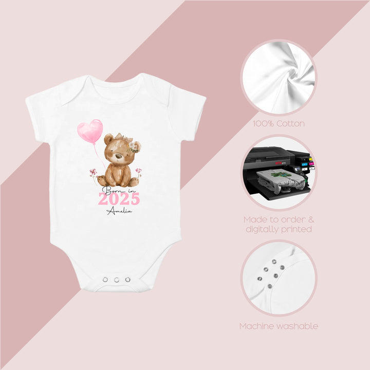 Personalised Pink Bear Born in 2025 Babygrow/Vest