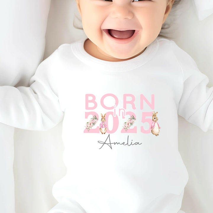 Personalised Pink Rabbit Born in 2025 Babygrow/Vest