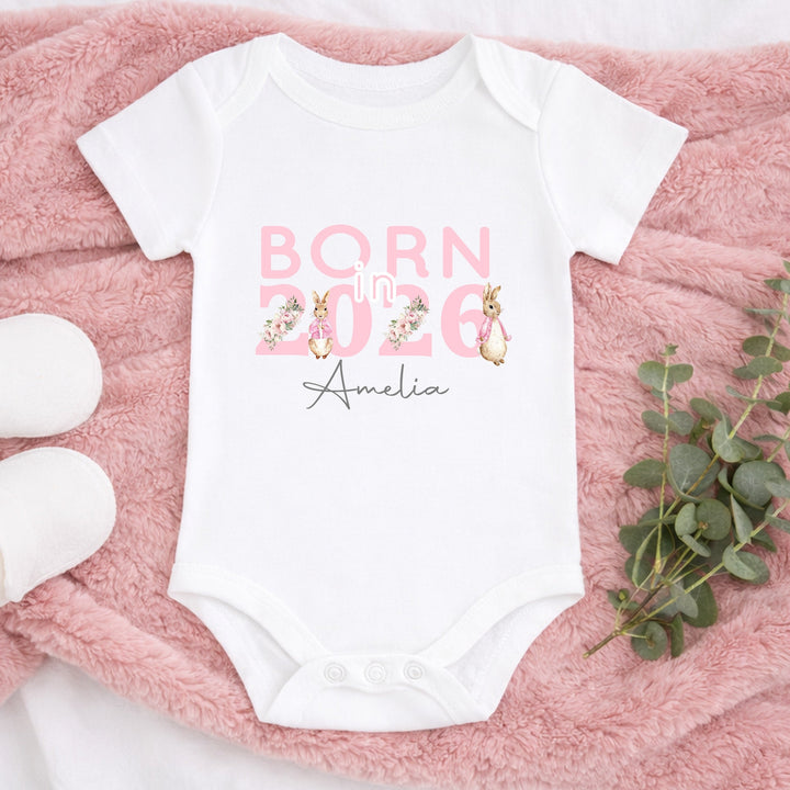 Personalised Pink Rabbit Born in 2025 Babygrow/Vest