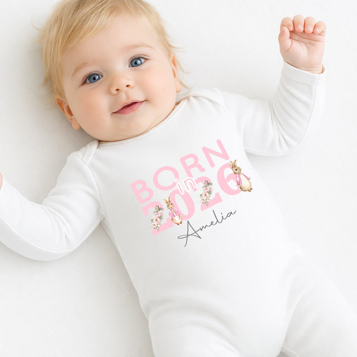 Personalised Pink Rabbit Born in 2025 Babygrow/Vest