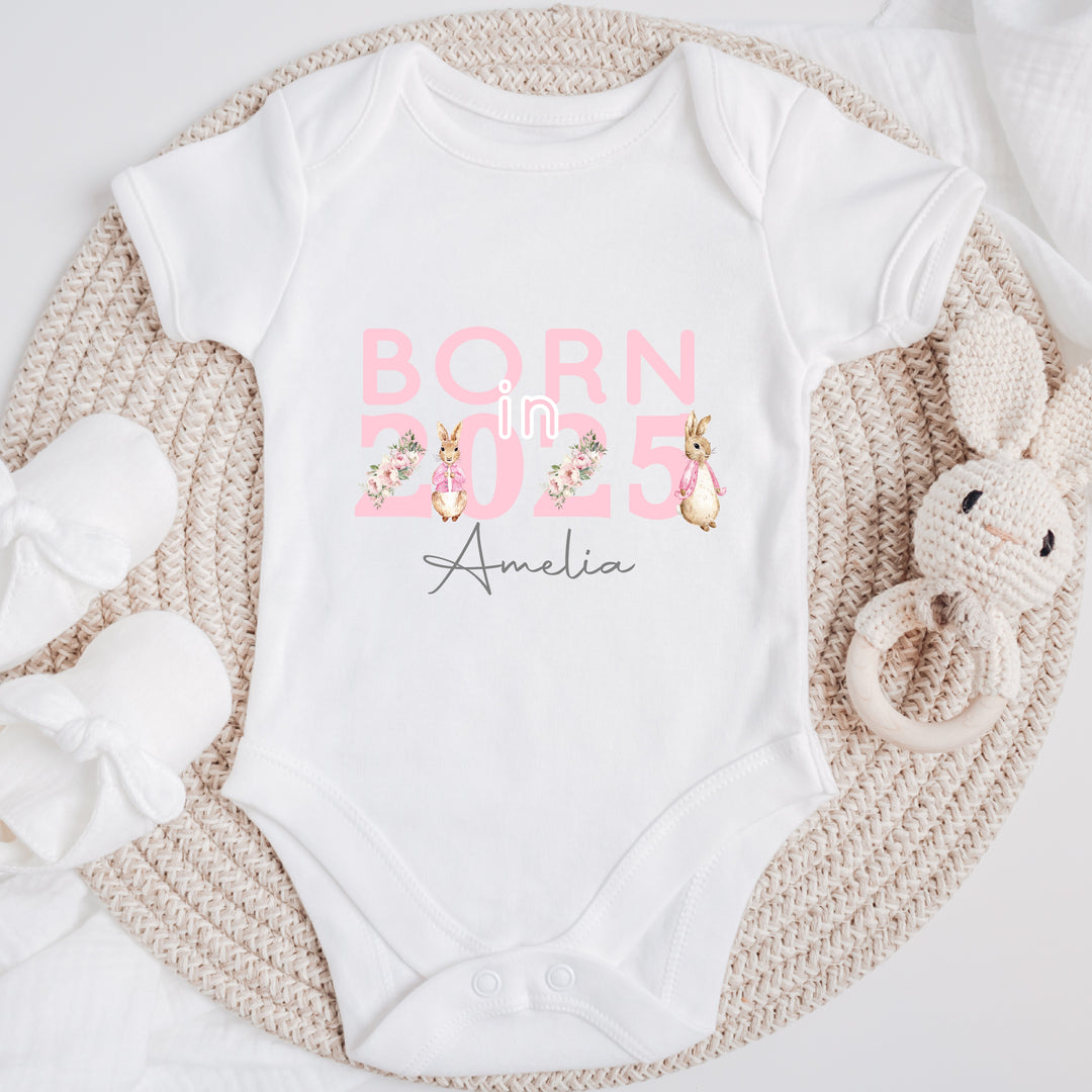 Personalised Pink Rabbit Born in 2025 Babygrow/Vest