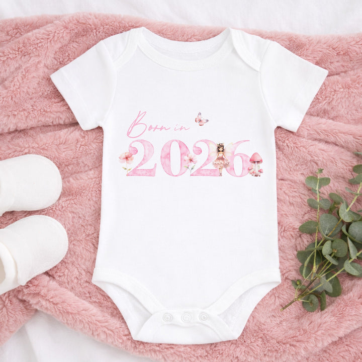 Pink Fairies Born in 2026 Baby Grow, Vest or Bib