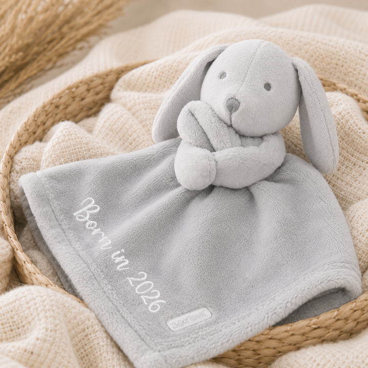 Born in 2026 Embroidered Grey Rabbit Comforter