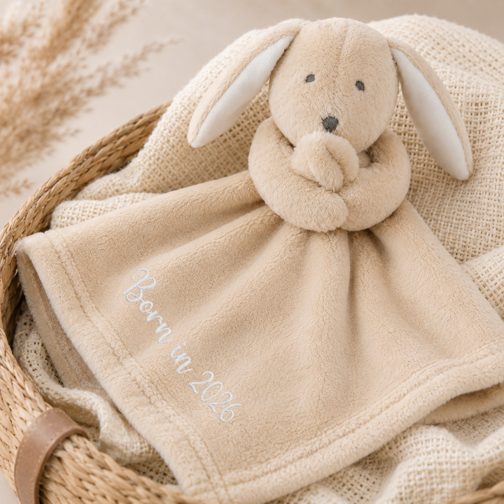 Born in 2026 Embroidered Beige Rabbit Comforter