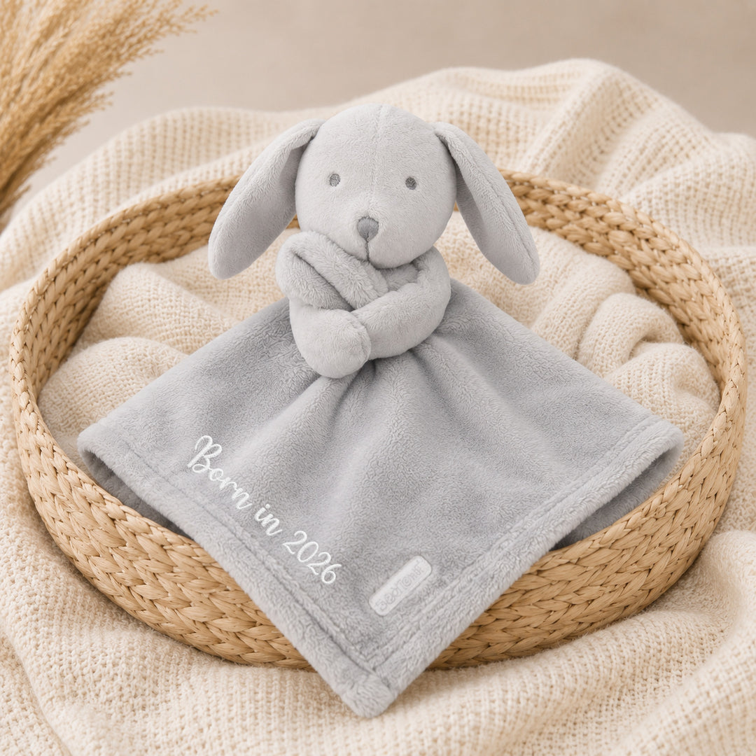 Born in 2026 Embroidered Grey Rabbit Comforter