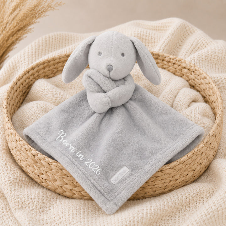 Born in 2026 Embroidered Grey Rabbit Comforter