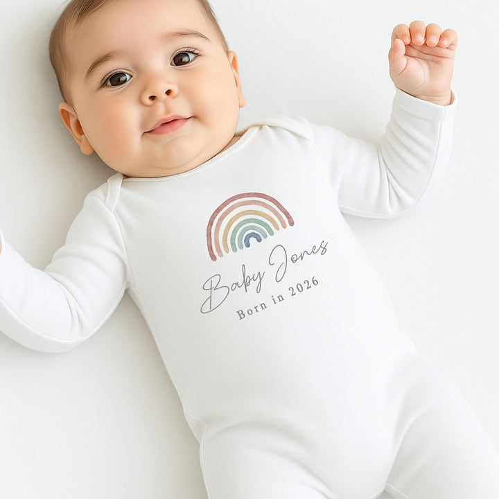 Personalised Rainbow Born in 2026 Baby Grow, Vest or Bib