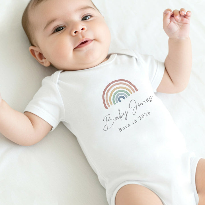 Personalised Rainbow Born in 2026 Baby Grow, Vest or Bib