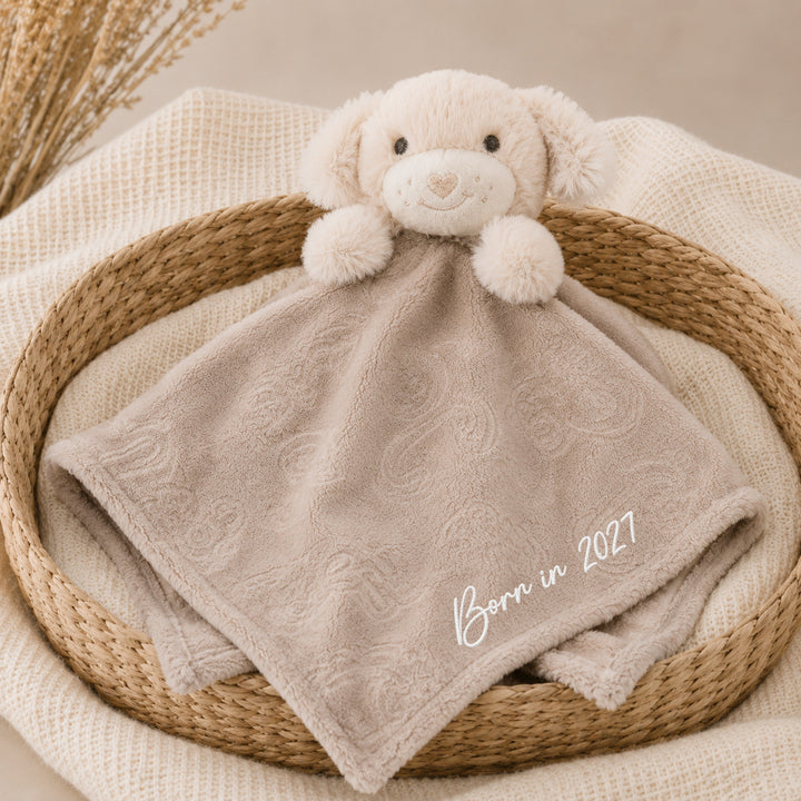 Born in 2026 Embroidered Beige Puppy Comforter