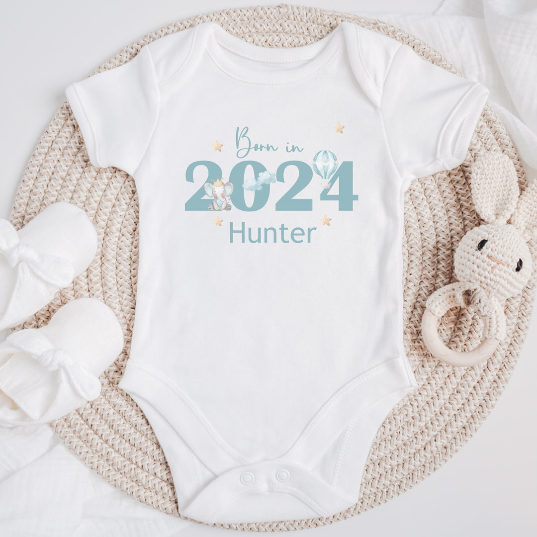 Personalised Blue Elephant Born In 2024 Babygrow/Vest