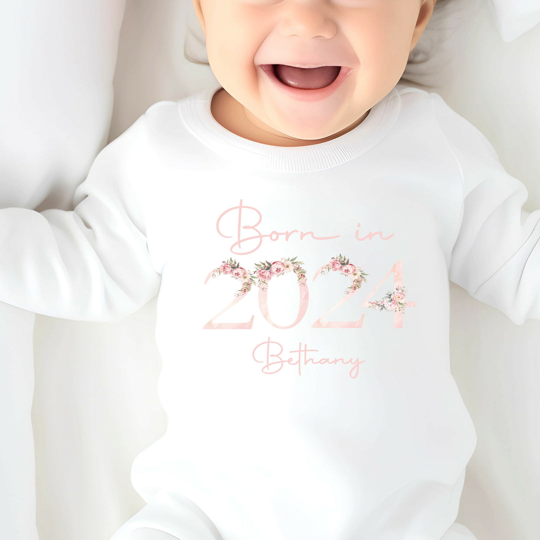 Personalised Born in 2024 Floral Pink Babygrow/Vest