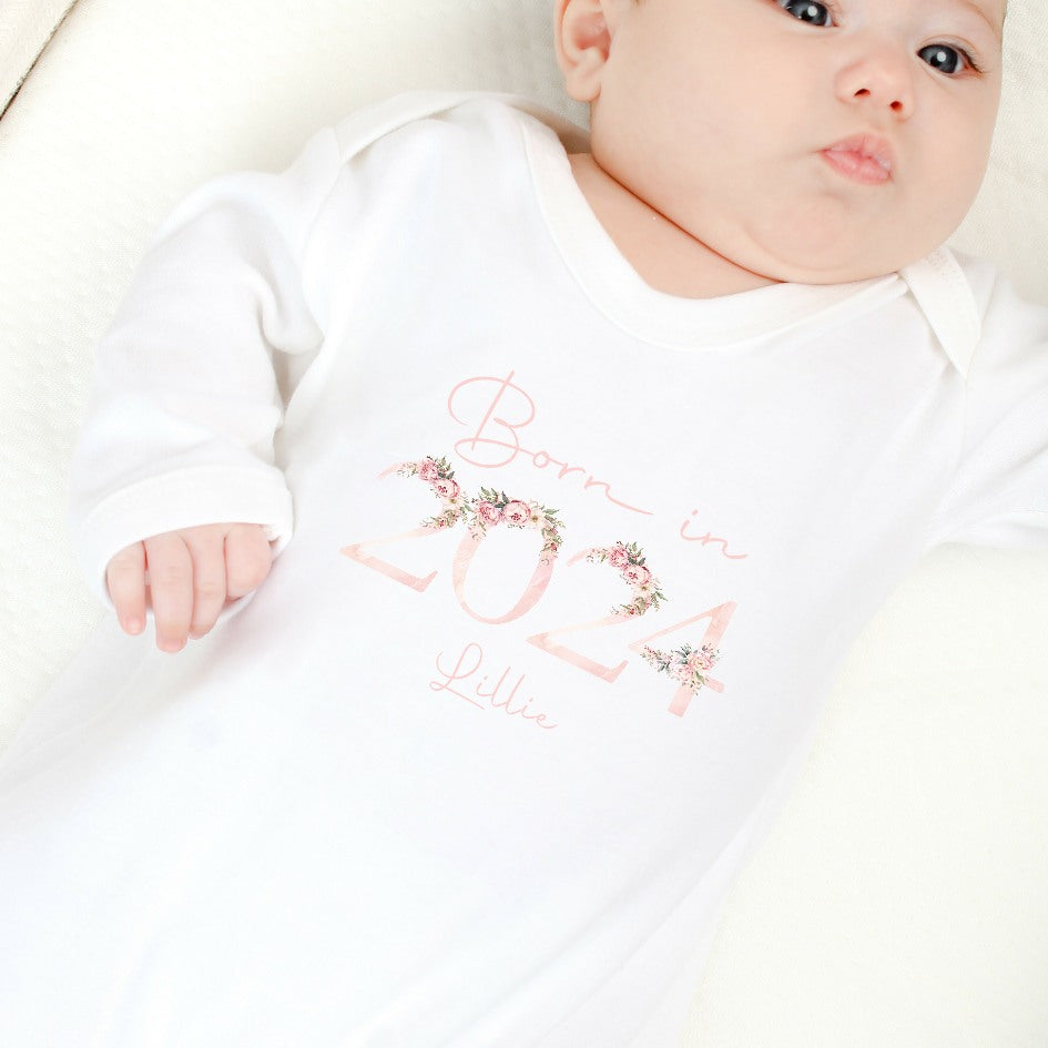 Personalised Born in 2024 Floral Pink Babygrow/Vest