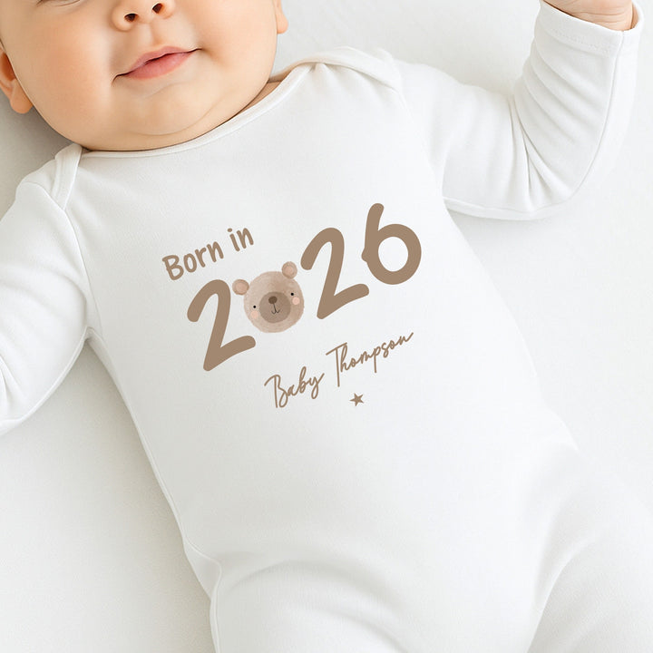 Personalised Brown Bear Born in 2026 Baby Grow, Vest or Bib