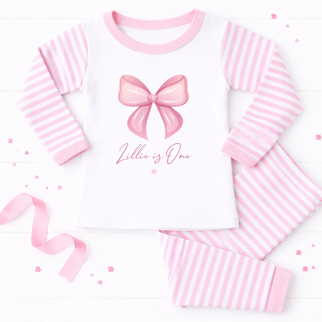Personalised Pink Bow I Am One First Birthday Pyjamas