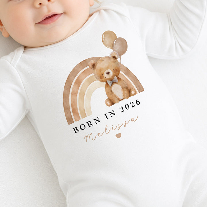 Personalised Beige Bear Rainbow Born in 2026 Baby Grow, Vest or Bib