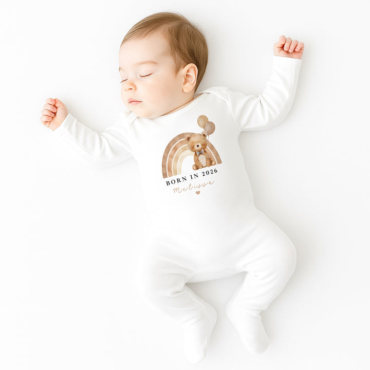 Personalised Beige Bear Rainbow Born in 2026 Baby Grow, Vest or Bib