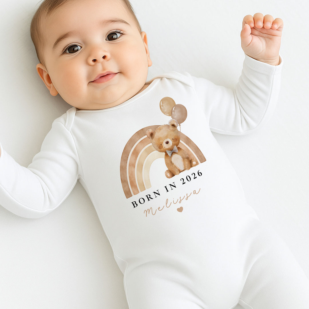 Personalised Beige Bear Rainbow Born in 2026 Baby Grow, Vest or Bib